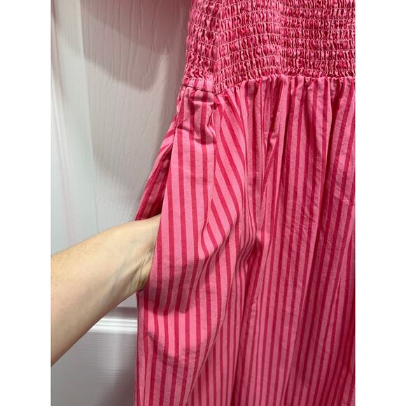 Draper James Deana Smocked Stripe Poplin Midi Dress Medium Pink Modest Milkmaid - Picture 5 of 13